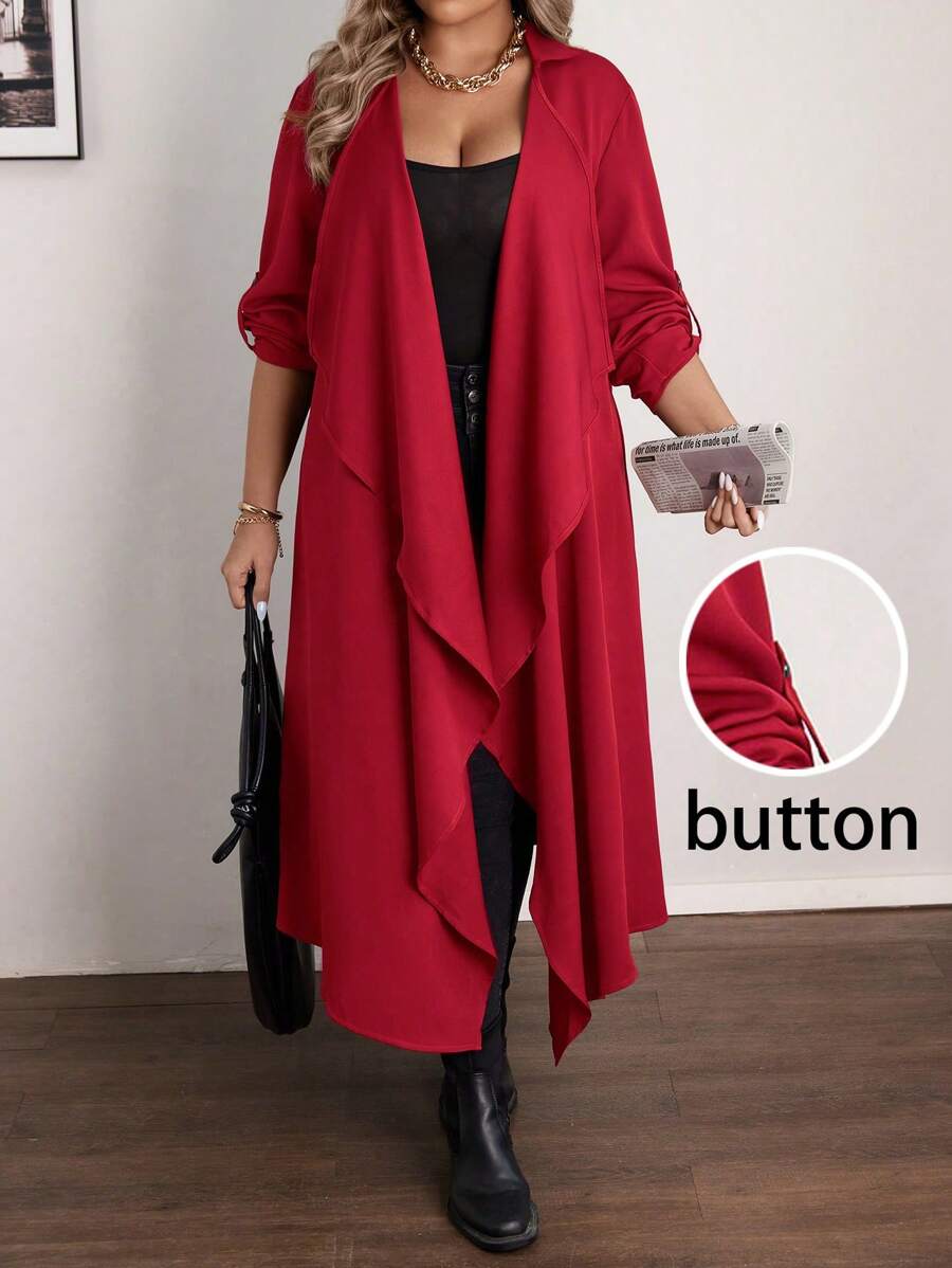 EMERY ROSE Plus Size Casual Waterfall Lapel Long Cardigan For New Year Clothes - Red - View 1