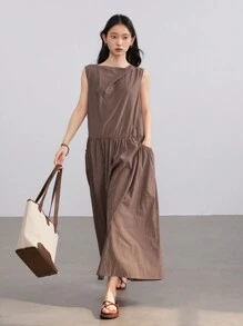 Dazy-Less Damen Einfarbiges Leinen Loose Vest Design Patchwork Midi Kleid Business Lässig