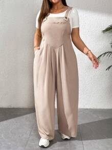 SHEIN Essnce 大码女装春夏时尚休闲宽松舒适日常卡其色吊带阔腿裤连体裤，女式夏季服装，沙滩度假，春装 - 杏色 - 查看 6