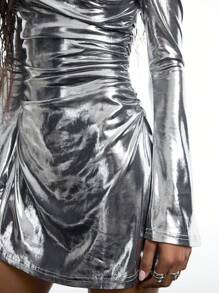 LYSMO Vestido corto de fiesta con cuello asimétrico metalizado y drapeado para mujer