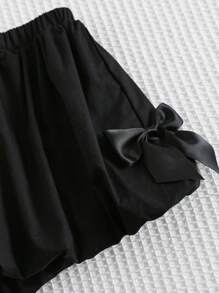 Cozy Pixies 2pcs Baby Girl Black And White Summer Cute Birthday Outfit,Retro Elegant Big Bow Round Neck Cap Sleeve Top And Elastic Waist Decor Shorts Set - Multicolor - View 5