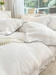 Juego de 3 piezas de ropa de cama con borde floral blanco para dormitorio, 2 fundas de almohada y 1 cubierta de edredón, lavable a máquina, sin relleno
