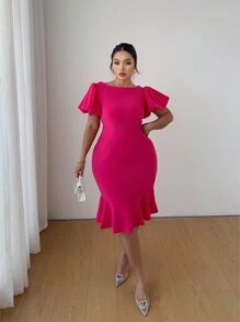 Elenzga Plus Size Women Solid Color Crew Neck Short Sleeve Ruffle Decor Casual Midi Dress