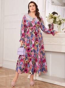 Modelyn Plus Size Women Floral Print Contrast Lace Midi Dress - Purple - View 6