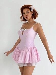 Sweetina Đầm nữ thiết kế ôm vừa vặn, trang trí nơ lưới phủ ngoài - Hồng - Xem 5