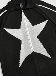 ROMWE MEN Men's Prep Zipper Placket Short Sleeve Five-Pointed Star Knit Top - Black - View 3