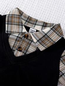 Infant Baby Boy/Girl Summer 2Pcs Outfit Set: Gentleman Style Striped Shirt Collar Mock Layer Tee & Plaid Splice Shorts, Casual Soft Fabric Suit For Holiday, Travel, School, Daily Party, Sports, Spring/Summer