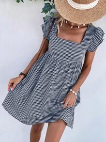 Breezaya 格子方领蝴蝶袖罩衫连衣裙，女士可爱荷叶边盖袖方领常规款式短款棕色荷叶边袖格子罩衫女式短裙，春夏，休闲日常装度假沙滩装 - 彩色 - 查看 6