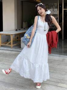 DAZY Women's Vacation Casual Solid Color Hollow Embroidery Sleeveless Dress Summer
