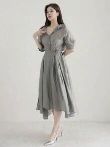 DAZY 女式翻领修腰不对称中长衬衫裙