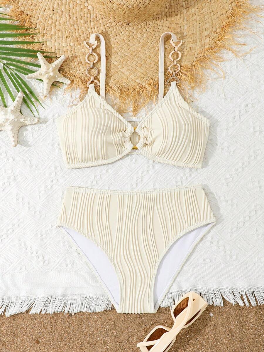 Tween Girls Summer Beachwear Solid Textured Bikini Set - Apricot - View 1