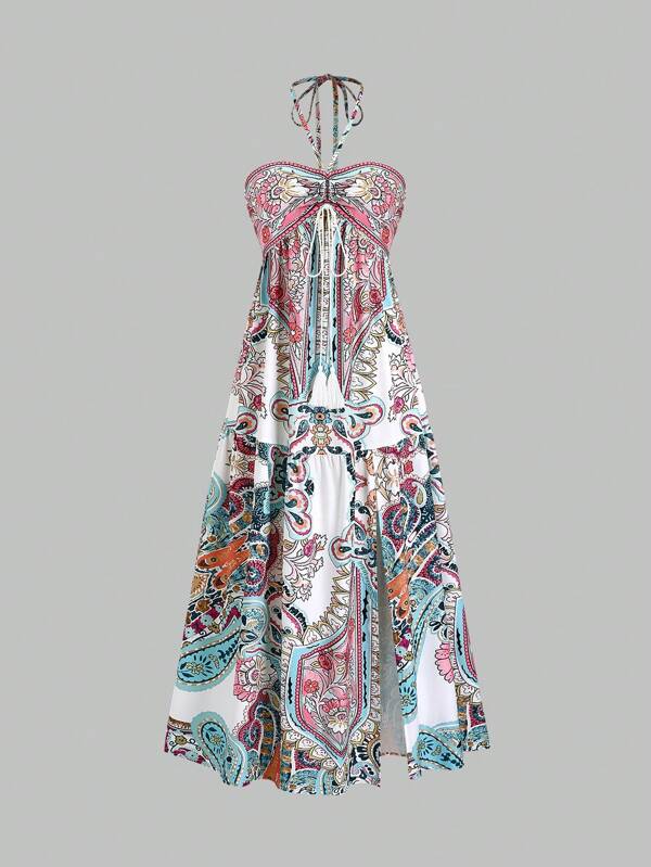 Sweetra Bohemian Style Beach Dress, Spaghetti Strap High-End Long Sundress For Summer Vacation Maxi Women Outfit