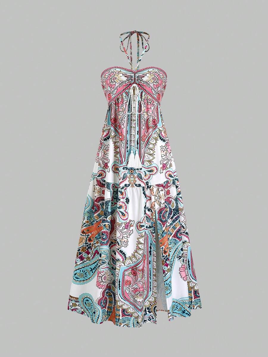 Sweetra Bohemian Style Beach Dress, Spaghetti Strap High-End Long Sundress For Summer Vacation Maxi Women Outfit - Multicolor - View 1