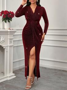 SHEIN Lady 女士立体印花连衣裙，优雅浪漫派对礼服，开衩下摆连衣裙