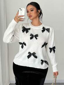 SHEIN Unity Plus Size Women's Bow Knot Pullover Long Sleeve Sweater Knit Pullover Fall Winter Sweater - White - View 6