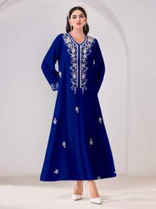 Al Najma Conservative Casual Floral Print Long Sleeve Arabic Style Dress, Modest Kaftan - White - View 6