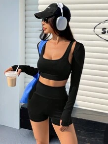 SHEIN EZwear Black Elastic Knit Tight Yoga Sports Vest And Shorts Set For Women