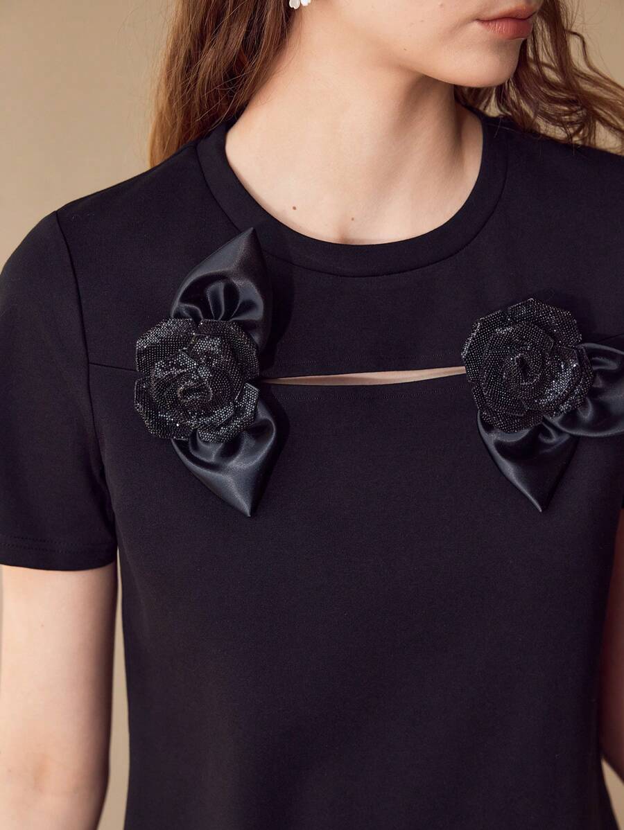 MOTF 立体花卉镂空 T 恤 - 黑色 - 查看 2