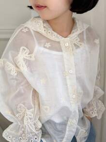 Dazy Kids Girls Embroidered Hooded Lightweight Cardigan, Spring/Summer - White - View 1