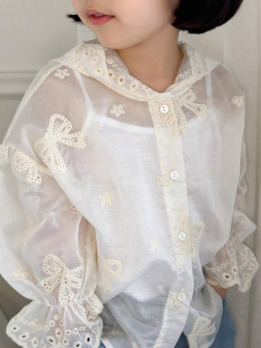 Dazy Kids Girls Embroidered Hooded Lightweight Cardigan, Spring/Summer - White - View 1