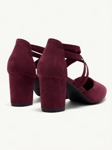 CUCCOO CHICEST Burgundy Faux Suede Elastic Ankle Strap Pointed Toe Chunky High Heel Pumps, Fashion Dress Shoes For Commuting, Dating, Party, Wedding, Holiday Spring Shoes Spring Break Easter Prom Heels