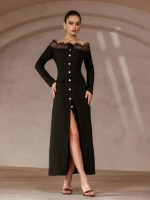 Aveloria Modichic 黑色对比色蕾丝露肩单排扣翻盖口袋优雅精致长袖连衣裙 - 黑色 - 查看 3