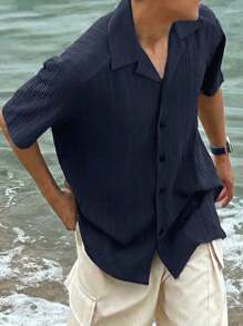 DAZY 男士纯色短袖休闲衬衫，夏季度假 - 藏蓝色 - 查看 4