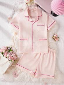 2 件套青少年女孩简约粉色缎面面料短袖短裤舒适家居服 - 粉色 - 查看 3