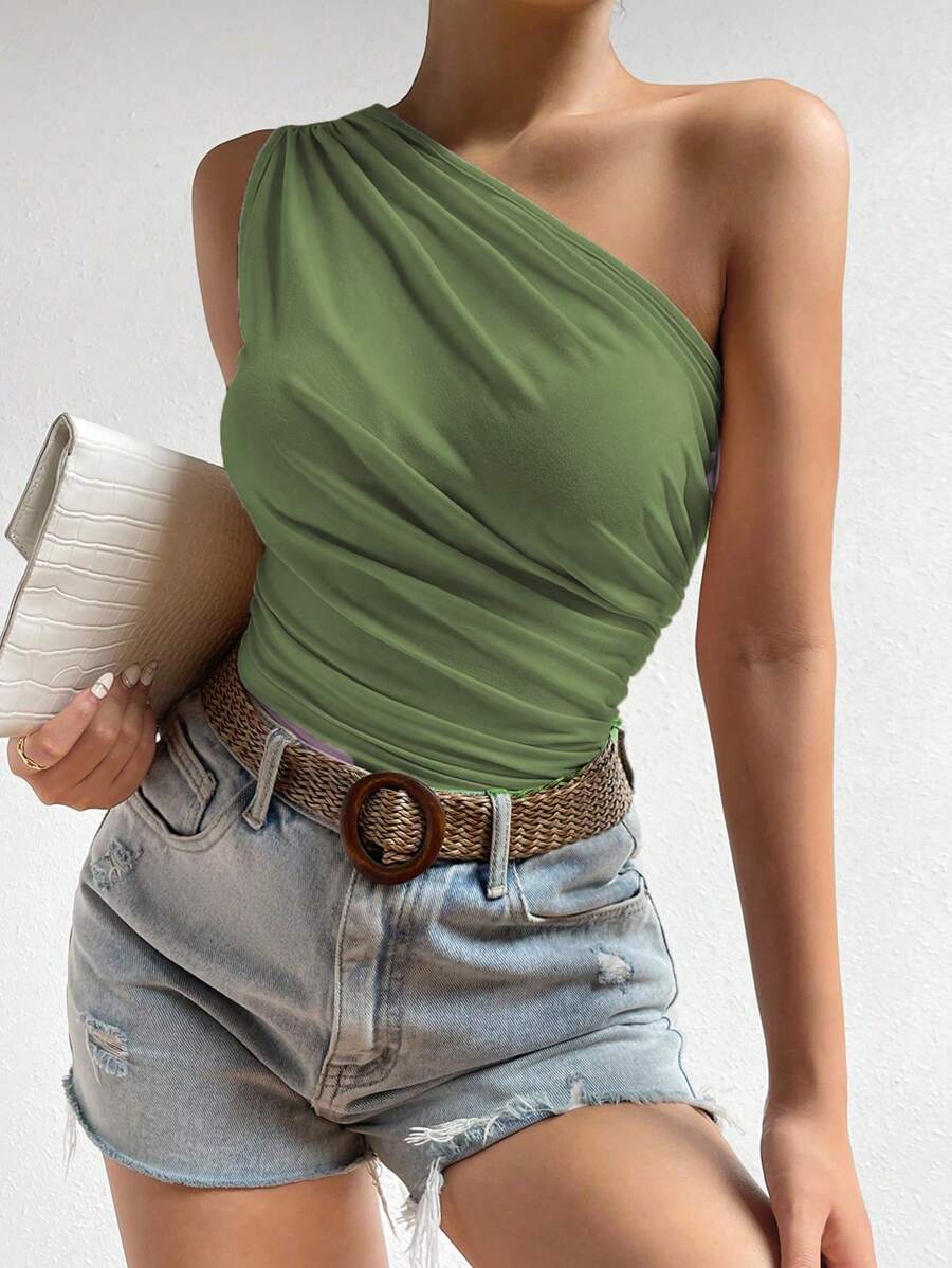 Airlisse Damska bluzka z marszczeniami na jedno ramię w jednolitym kolorze