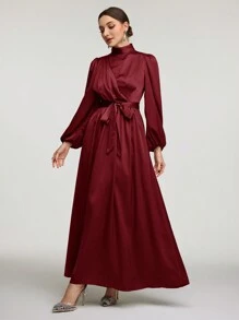Veilorie 女士纯色立领灯笼袖优雅长款阿拉伯连衣裙长款晚礼服，端庄大方 - 酒紅色 - 查看 4