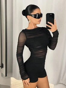 SHEIN ICON 长袖网眼褶皱拼接连体裤