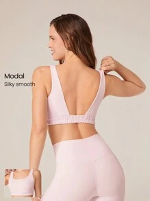 GLOWMODE SoftSerene Modal Just Breathe Open-Back Ruched Band Sports Bra Low Impact Yoga Daily Removable Cups Spring Summer - Pink - View 1