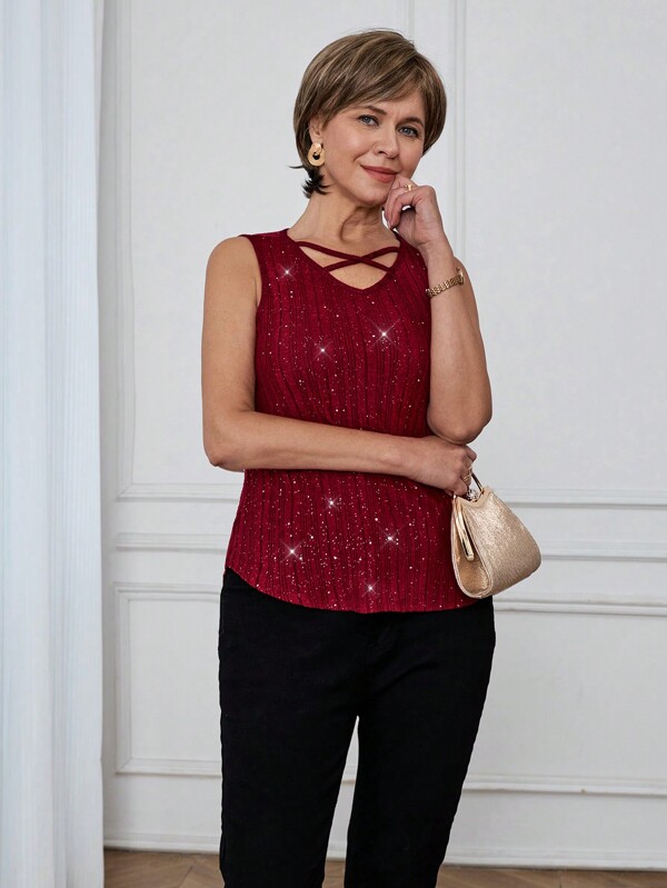 SHEIN LUNE 1 pieza Elegante top de mujer tipo camiseta con cuello en V y lentejuelas, apropiado para fiestas, primavera/verano