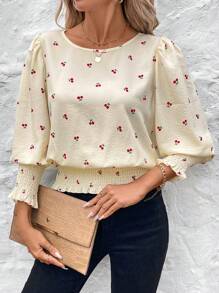 SHEIN LUNE Boho Women Clothing  Easter  Spring White Romantic Cherry Blossom Print Button-Down Shirt For Women - White - View 2