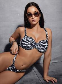 Swim EVENT 2 件女士性感斑马纹带钢圈比基尼泳装套装，适合夏季海滩度假 - 黑與白 - 查看 1