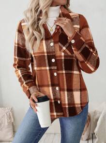 SHEIN LUNE Chaqueta casual con botones y bolsillos con estampado a cuadros de manga larga para mujer, camisa de uso casual diario para mujer