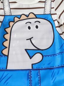 SHEIN Newborn Baby Boy Black & White Striped Fake Suspender Decor Cute Dinosaur Print Button Shoulder Short Sleeve Romper Set, Summer - Multicolor - View 4