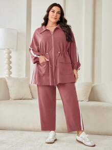 Mulvari 2pcs/Set Plus Size Contrast Binding Drawstring Waist Jacket And Pants - Dusty Pink - View 3