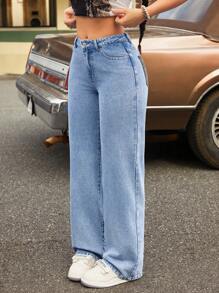 SHEIN ICON Pantalones vaqueros casuales de mujer con bolsillos y estampado de leopardo lavado - Azul - Ver 3