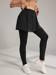 Seusyu 女士休闲混合面料拼接紧身裤 - 黑色 - 查看 5