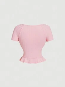 SHEIN MOD Pink Short-Sleeved Cute T-Shirt With Drawstring On The Front, Cute T-Shirt, Valentine's Day T-Shirt, Going Out T-Shirt, Summer T-Shirt