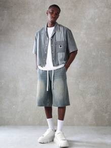 SUMWON 优质宽松牛仔短裤，夏季经典牛仔短裤，可调节抽绳，街头滑板风格百慕大长度休闲短裤