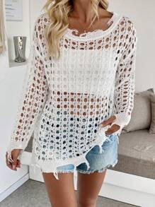 Breezaya Solid Color Long Sleeve Loose Knit Sweater With Hollow Design & Tassel Trim Knit Pullover Fall Winter - White - View 3