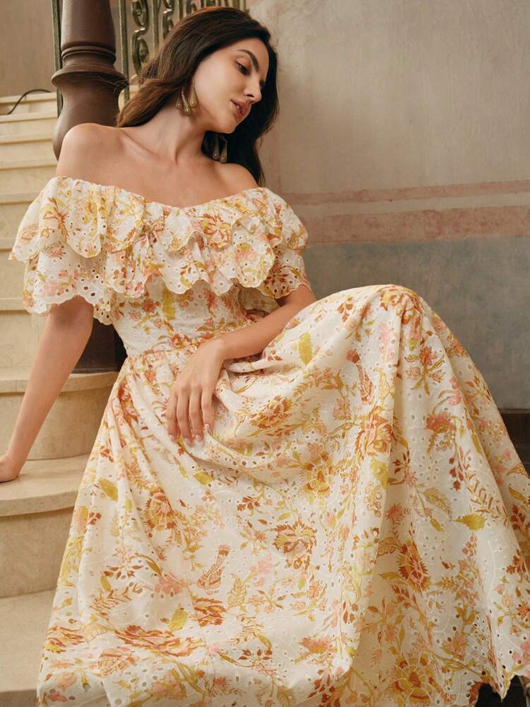 Women's Elegant Off Shoulder Ruffled Hollow-Out Floral Embroidered Dress, Beach Resort Festival Going Out Vacation Outfits, Spring/Summer Women Resort Wear Love And Lemonade Dresses