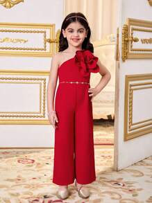 SHEIN Young Girl Solid Color Knit Racer Back Romper - Red - View 2