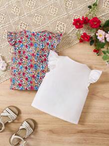 2pcs/Set Young Girls Ditsy Floral And Cute Rabbit Pattern Knit T-Shirt Set - White - View 2