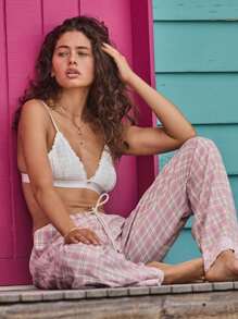 Aralina Cozy Sorbet Check Soft Lace Trim Drawstring Wide-Leg Pants - Pink - View 1