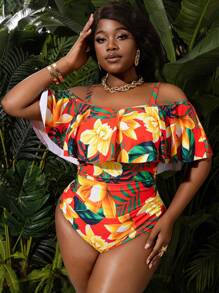 SHEIN Slayr CURVE Tropical Print Maxi Dress With Plus Size Ruffle Hem, Plus Size Summer