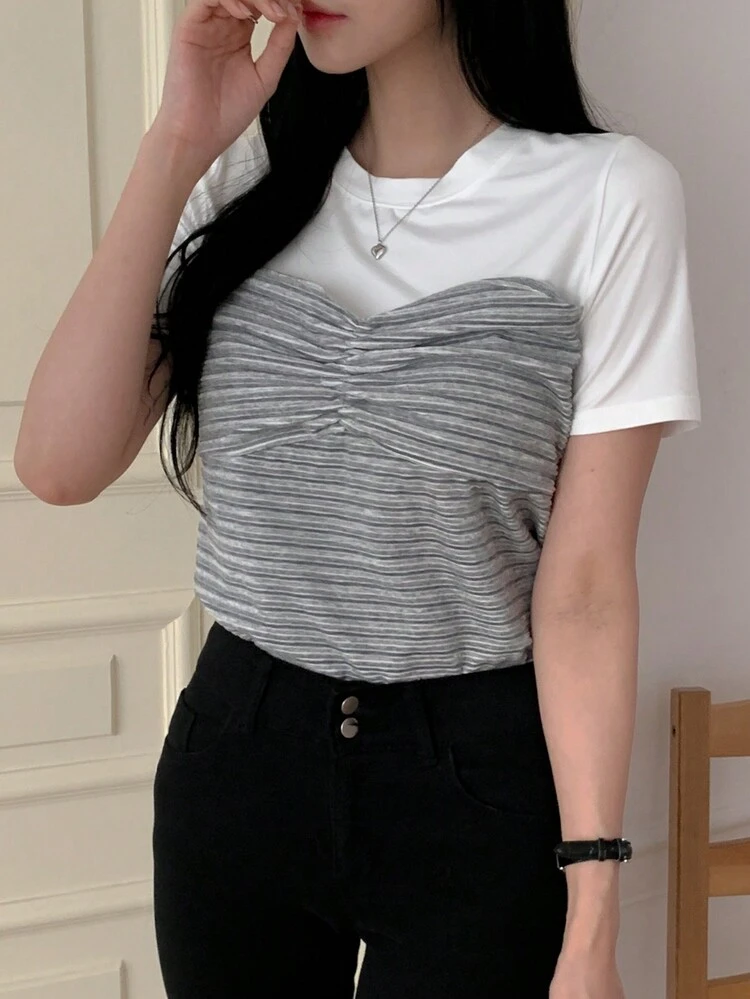 Women's Round Neck Striped Splice Short Sleeve Form-Fitting T-Shirt, Spring/Summer