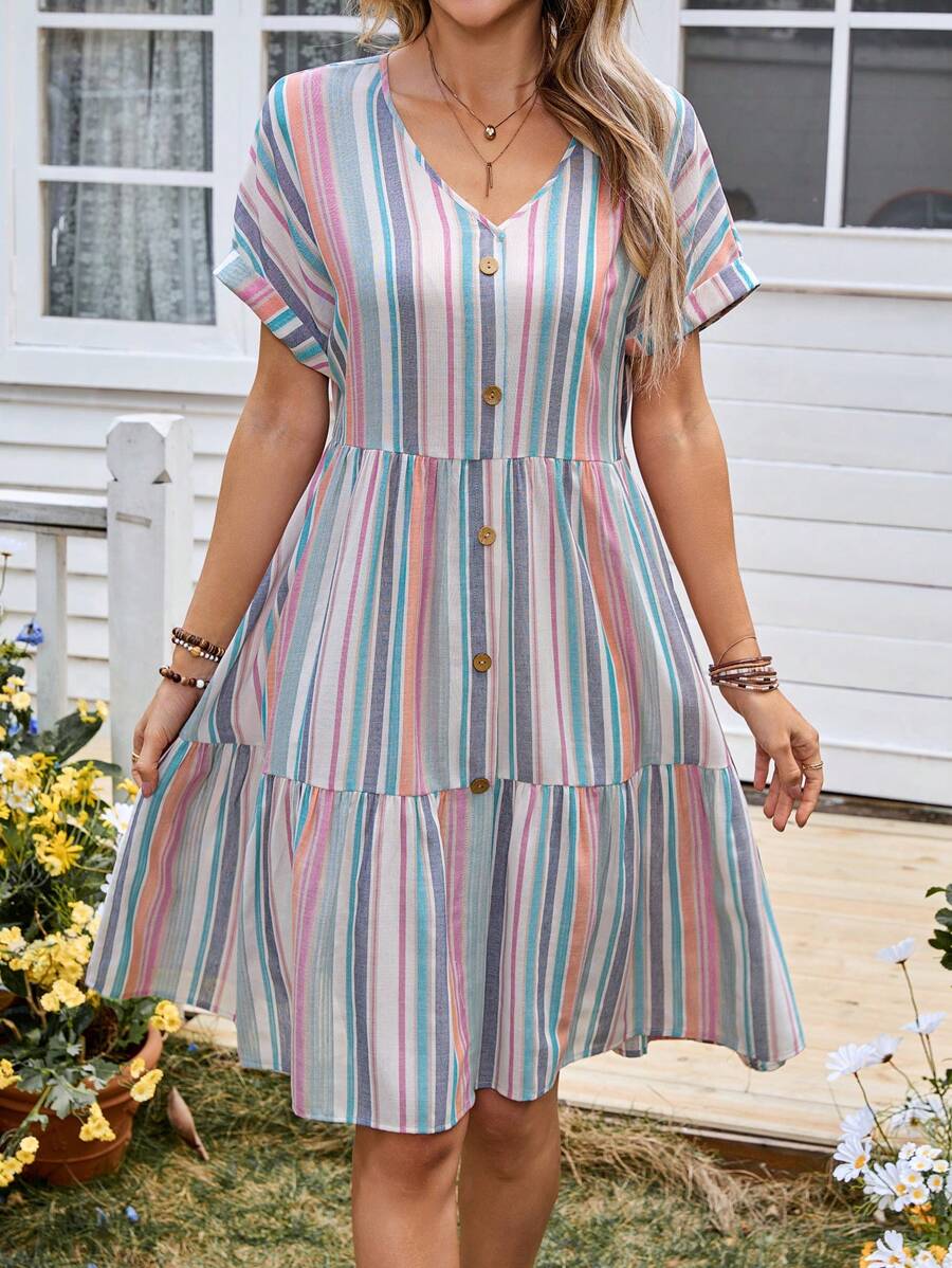EMERY ROSE 女式条纹 V 领短袖纽扣休闲连衣裙 - 彩色 - 查看 1
